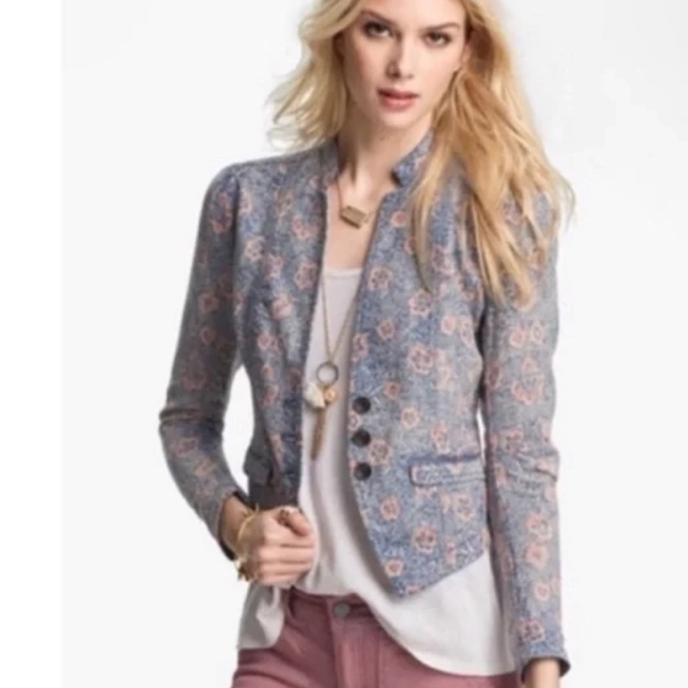 Free People Blue Floral Blazer with Pink Accents